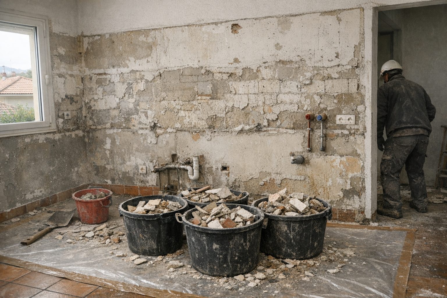 Cuisine déposée : meubles retirés, carrelage mural enlevé, arrivées d’eau en attente et seaux de gravats sur un sol protégé