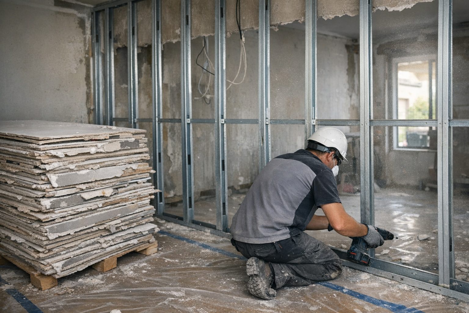 Dépose d’une cloison en plaques de plâtre : rails et montants métalliques à nu, plaques déposées empilées sur une palette, ouvrier casqué au travail